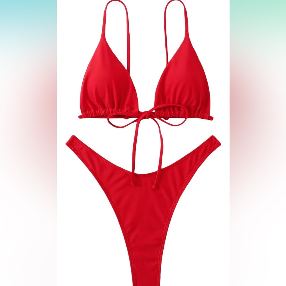 Cozyease Women's 2 Piece Swimsuit Textured Spaghetti Strap Drawstring Bikini New